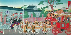 Kejseren Mutsuhito (1852-1912) vender tilbage til sit palads i Tokyo, slutningen af det 19. århundrede (træblok i farver) af Japanese School