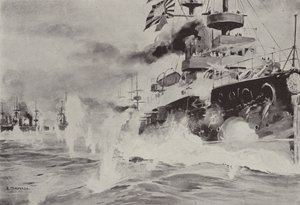 Mikasa kæmper modigt mod den russiske eskadron ud for Port Arthur den 10. august (litho) af Japanese School