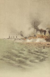 Varyag sat i brand af hendes eget mandskab for at forhindre fangst ved Chemulpo (chromolitho) af Japanese School