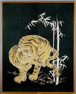 Tiger og bambus, motiv på bomuldsdug med to døre (byobu), risstivelse og indigodypning med pigmenter, japansk civilisation, Meiji-Taisho-perioden af Japanese School