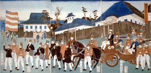 Triptykon, der viser en parade af udlændinge, Yokohama, i en hestetrukket åben vogn og ledet af en mand med stjerner og striber og et militærorkester, 1861. Utagawa Yoshigawa (aktiv 1850-1870) japansk ukiyo-e kunstner. af Japanese School