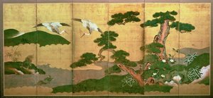 To kraner, der dykker bag fyrretræ og stenskov, Edo-perioden af Japanese School