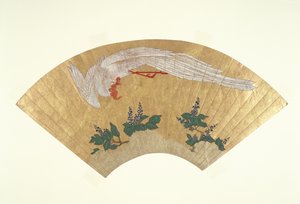 Umonteret ventilator: Fugledykning på snedækket bambus, ca. 1700-60 (guld & wc på papir)