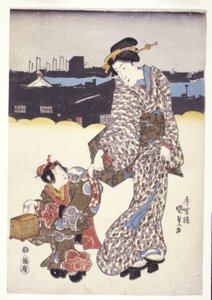 Uden titel (A Woman And Child) (farvetræsnit) af Japanese School