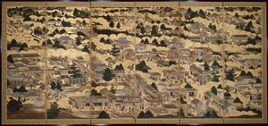 Views In and Around Kyoto (Rakuchu rakugai zu), ca. 1616-24 (blæk, farve og bladguld på papir) af Japanese School