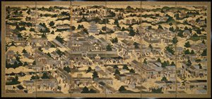 Views In and Around Kyoto (Rakuchu rakugai zu), ca. 1616-24 (blæk, farve og bladguld på papir) af Japanese School