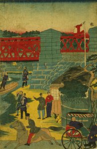 Landsbyscene i Japan, der viser folk involveret i forskellige aktiviteter, ca. 1870 af Japanese School