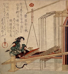 Vævning i Japan i det 18. århundrede. af Japanese School
