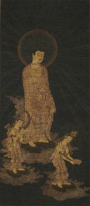 Indbydende Descent of the Amida Buddha Triad (guld og farve på indigo-farvet silke) af Japanese School
