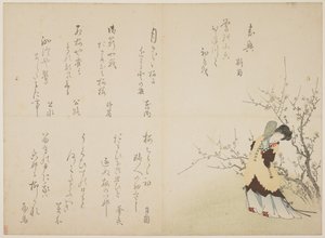 Kvinde i kinesisk hofdragt, ca. 1830-44 (træbloktryk i farver, karazuri på pels) af Japanese School