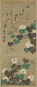 Yugao vinstokke og et digt, hængende rulle (monteret på panel), 18.-19. århundrede (farve på papir) af Japanese School