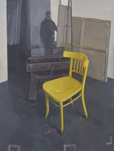 Atelierinteriør med gul stol, 2023 (olie på lærred)
