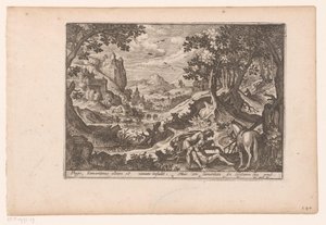 Landskab med historien om den barmhjertige samaritaner: samaritaneren hjælper offeret på sin hest Historien om den barmhjertige samaritaner (serietitel) af Jaspar de Isaac (attributed to)