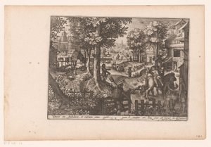 Landskab med historien om den barmhjertige samaritaner: ankomsten til kroen Historien om den barmhjertige samaritaner (serietitel) af Jaspar de Isaac (attributed to)