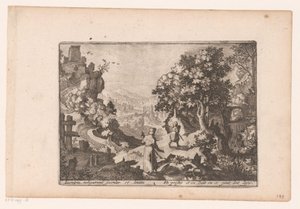 Landskab med historien om den barmhjertige samaritaner: præsten og levitten passerer offeret og efterlader det Historien om den barmhjertige samaritaner (serietitel) af Jaspar de Isaac (attributed to)