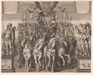 Ludvig XIII og Anna af Østrig med Dauphinen og hertugen af ​​Anjou i en vogn trukket af fire heste L