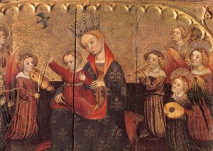 Rum fra en altertavle med Jomfruen og Barnet og englemusikere, tidligt 1400-tal (tempera på træ) af Jaume Cabrera