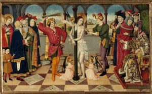 Kristi pisk for Pontius Pilatus. Detrempe på træ af Jaume (= Jaime) Huguet den ældre (1415-1492). Svag. 0,92 x 1,56 m.