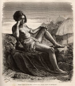 Indfødt kvinde fra Taio-Hae (eller Taio Hae), i markisernes øhav, som nonchalant viser sine tatoverede ben, gravering efter en tegning af A.Rixens, der illustrerer minderne om Stillehavet, i 1872-1874, af A.Pailhes, et skibsskilt, offentliggjort i “Le t