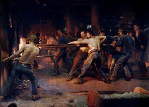 Workmen smelters working in a metallurgical plant. Painting by Jean Rixensdani