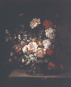 Blandede blomster i en flettet kurv med møl, guldsmede og rød admiral på en afsats af Jean Baptiste (follower of) Monnoyer