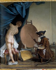 Abemaleren. Olie på lærred, 0,89 x 0,62 m. - Maleraben. Maleri af Jean Baptiste Deshays (1729 - 1765)