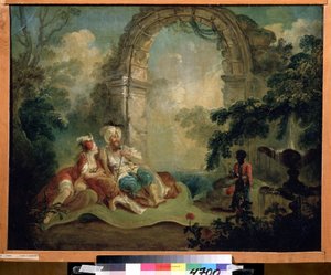 Orientalisme: "Tyrkisk pasha og odalisque liggende på et tæppe, de betjenes af en sort tjener" (tyrkisk pasha og odalisque) Maleri af Jean Baptiste Hilaire (1753-cirka 1822) Pouchkine Museum, Moskva af Jean Baptiste Hilaire