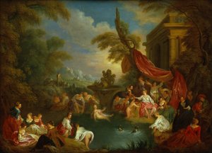 The Bathers (olie på kobbergravørplade) af Jean Baptiste Joseph Pater