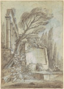 Arkitektonisk fantasi af romerske ruiner med en inskriptionsplade, ca. 1768 (brunt blæk på papir)