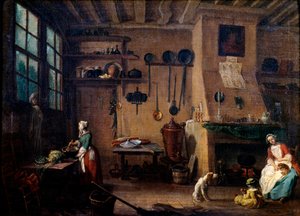 Køkkeninteriør i 1700-tallet. En kok tilbereder et måltid. I baggrunden ser vi køkkenredskaberne hænge langs væggen. Maleri af Jean Baptiste Lallemand (1710-1803) 1700-tallets Dijon, Museum of Fine Arts