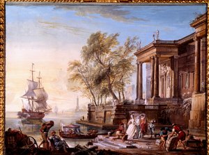 Marine ved solnedgang Maleri af Jean Baptiste Lallemand (Lallemant) (1710-1803) 1700-tallets Dijon, Musee des Beaux Arts.