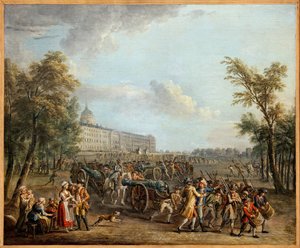 Våbenplyndring ved Invalides invaderede befolkningen i Paris, efter at have taget Garde Meuble i besiddelse den 13. juli, Invalides den 14. juli 1789 og tog 4 kanoner og 34.000 kanoner, Maleri af Jean Baptiste Lallemand (1716-1803) . Fotografi, KIM Youngta