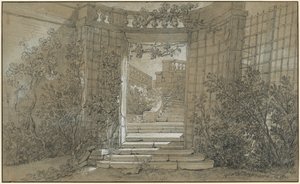 Landskab med en trappe og en balustrade