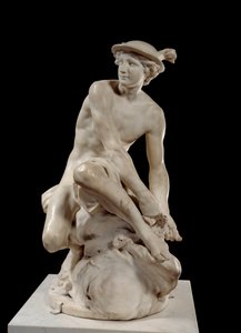 Mercury Attaching his Winged Sandals Marmorskulptur af Jean Baptiste Pigalle (1714-1785) 1744 Paris, Louvre museum - Mercury Attaching his Winged Sandals af Jean-Baptiste Pigalle