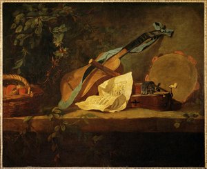Musikinstrumenter og frugtkurv (maleri på lærred) af Jean-Baptiste Simeon Chardin