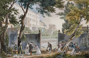 Galant scene ved indgangen til villa i Rom, ca 1820, gravering af Jean-Baptiste Thomas (1791.1833) af Jean Baptiste Thomas