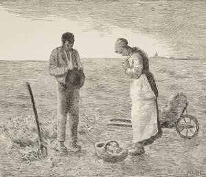 Angelus, par landmænd på marker, gravering fra maleri af Jean-Francois Millet (1814-1875), fransk maler, fra L