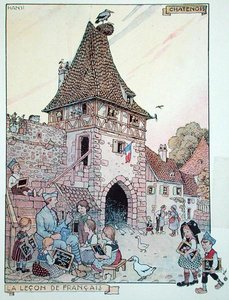 En fransk soldat, der underviser fransk til børn fra Alsace, der er blevet franske statsborgere igen, illustration fra 