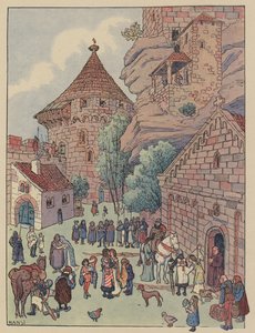 Chevalier du Hohbarrs afgang til korstogene (farve litho) af Jean Jacques Waltz