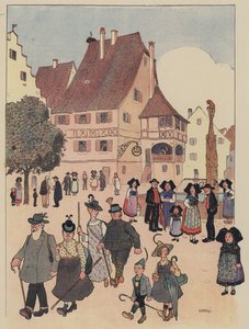 Tyske turister i en landsby i Alsace (farve litho)