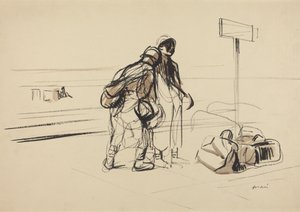 a) To franske soldater ved en opslagstavle (forsiden); b) Barnepige og børn med en hest eller et æsel (bagsiden)