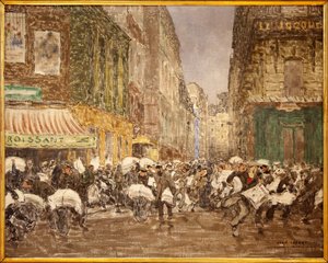 Udgivelsen af aftenaviserne, rue du Croissant i 1914, Maleri af Jean Louis (Jean-Louis) Lefort (1875-1954), der viser aktiviteterne i den presse, der traditionelt var etableret i store dele af det 2. arrondissement i Paris, På cafe du Cr af Jean Louis Lefort