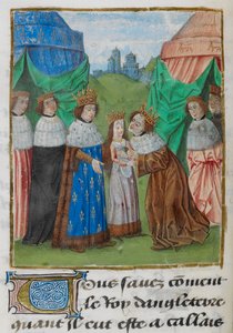 Kong Richard II af England, der modtager sin brud, Isabella, fra sin far, kong Charles VI af Frankrig, illustration fra 