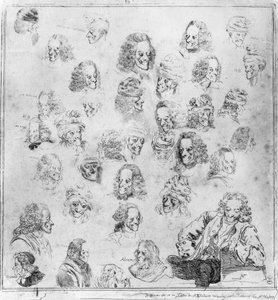Forskellige melodier i 30 Voltaire-hoveder. Portrætter af Francois Marie Arouet, dit Voltaire (1694-1778) "" forskellige fysiognomier af Voltaire""". Stærkt vand tilskrevet Dominique Vivant-Denon (Vivant Denon) (1747-1825) efter Jean Huber (1721-1786). Mus af Jean (after) Huber