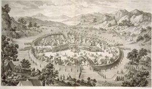 Tchao-Hoei besætter sine tropper med øvelser og militærlege i 1758, plade 5 fra en række aftryk, der repræsenterer erobringerne af Qianlong, Kinas kejser, indgraveret af Pierre Philippe Choffard (1730-1809) 1772 (gravering) af Jean (d.1781) (after) Damascene