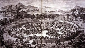 Tchao-Hoei i sin lejr under Yerechims mure modtager hyldest af indbyggerne i byen og provinsen i juli 1759, plade 4 fra rækken af tryk, der repræsenterer erobringerne af Qianlong, Kinas kejser, indgraveret af Pierre Philippe Cho af Jean (d.1781) (after) Damascene