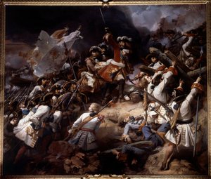 Slaget ved Denain den 24. juli 1712 Det blev vundet af Marechal de Villars over prins Eugen af Savoyen. Maleri af Jean Alaux dit le Romain (1786-1864) 1839 søn. 4,65 x 5,43 m