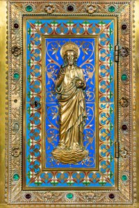 Interiørbillede, chapelle du Mont-Carmel, alter: tabernakel, Salvator Mundi på døren, blå emaljebaggrund med bladværk.A. Chertier, guldsmed i Paris af Jean Alexandre Chertier