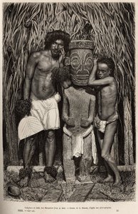 En indbygger på øen Hiva-Oa (Hiva Oa) og hans søn, der omkranser et udskåret træidol, der forestiller guden Tiki, i øgruppen Marquesas-øerne, indgraveret efter en tegning af A.Rixens, der illustrerer minderne om Stillehavet, i 1872-1874, af