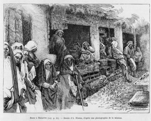 Bazar i Bahrain, Tchad. Gravering af A.Rixens for at illustrere historien A Suse, journal des excavilles